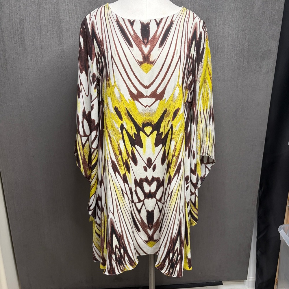 Leifsdottir Butterfly Wing Print Dress Sz 10 White Yellow Brown Boho Bell Sleeve